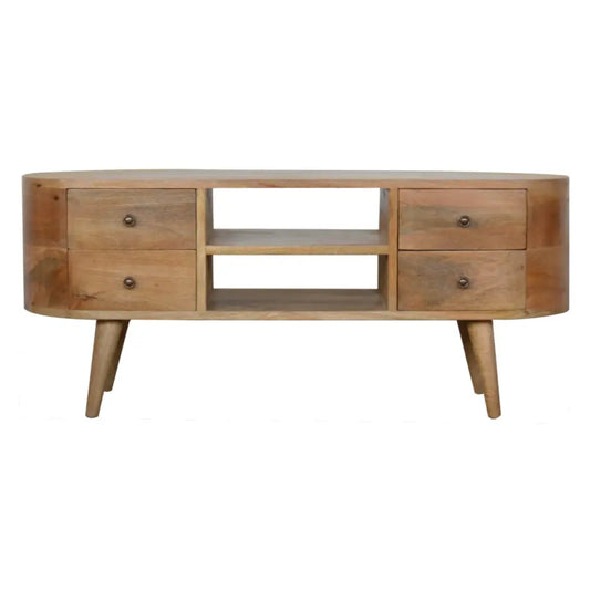 Light brown wood media console rounded entertainment unit with four drawers two open shelves on tapered legs