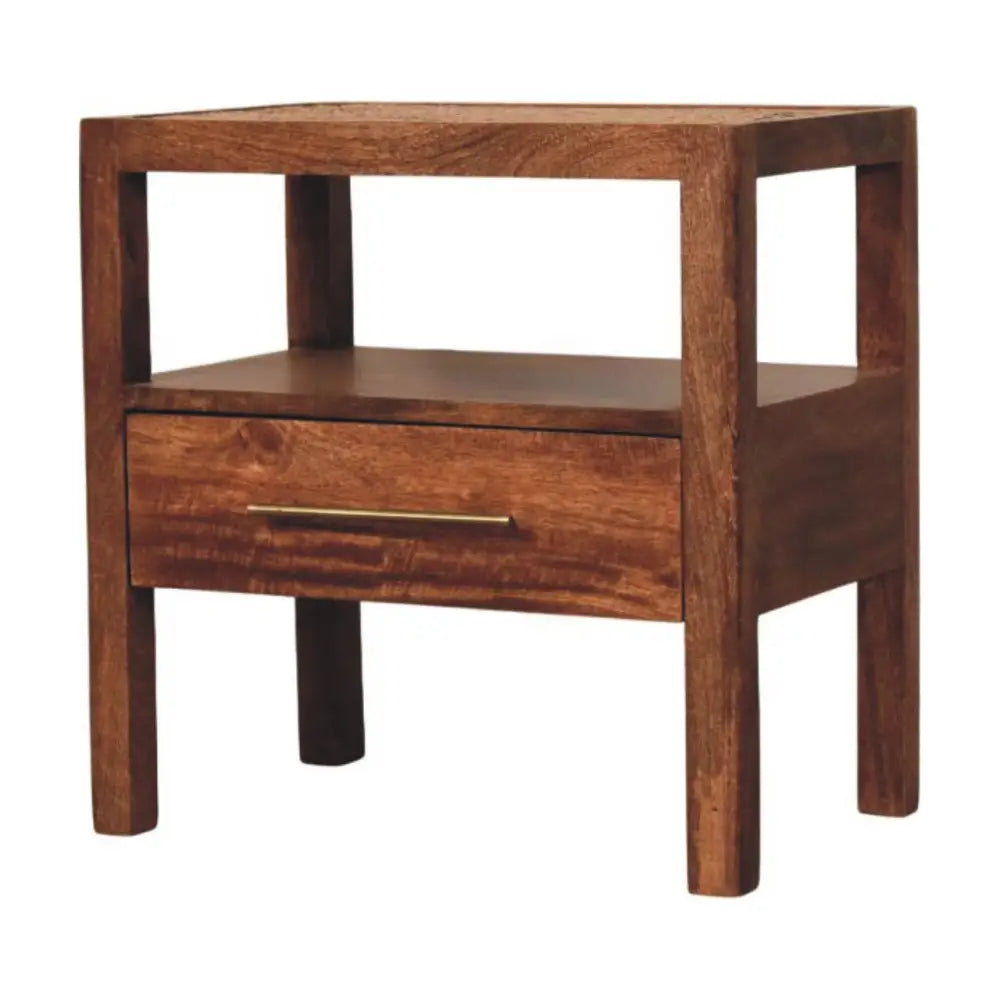 Dark brown wooden saffron rattan nightstand with single drawer, open shelf, and sleek brass handle