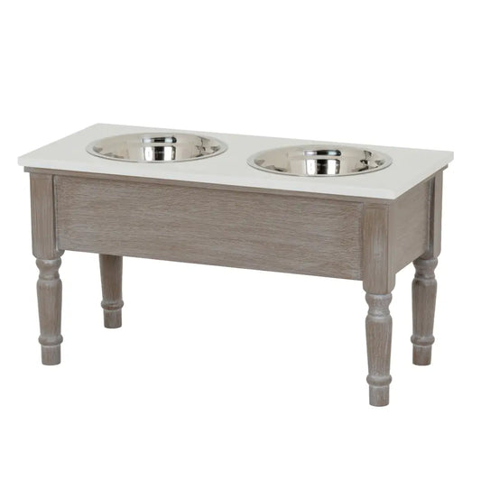 Gray wooden pet feeder table from serene collection with two stainless steel bowls for easy pet feeding