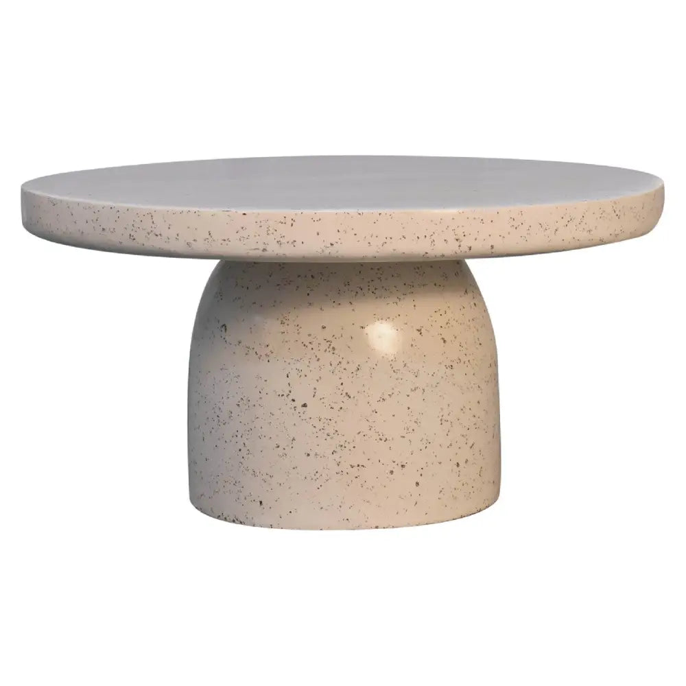 Beige speckled concrete serenity coffee table with round top and pedestal base perfect for any living room