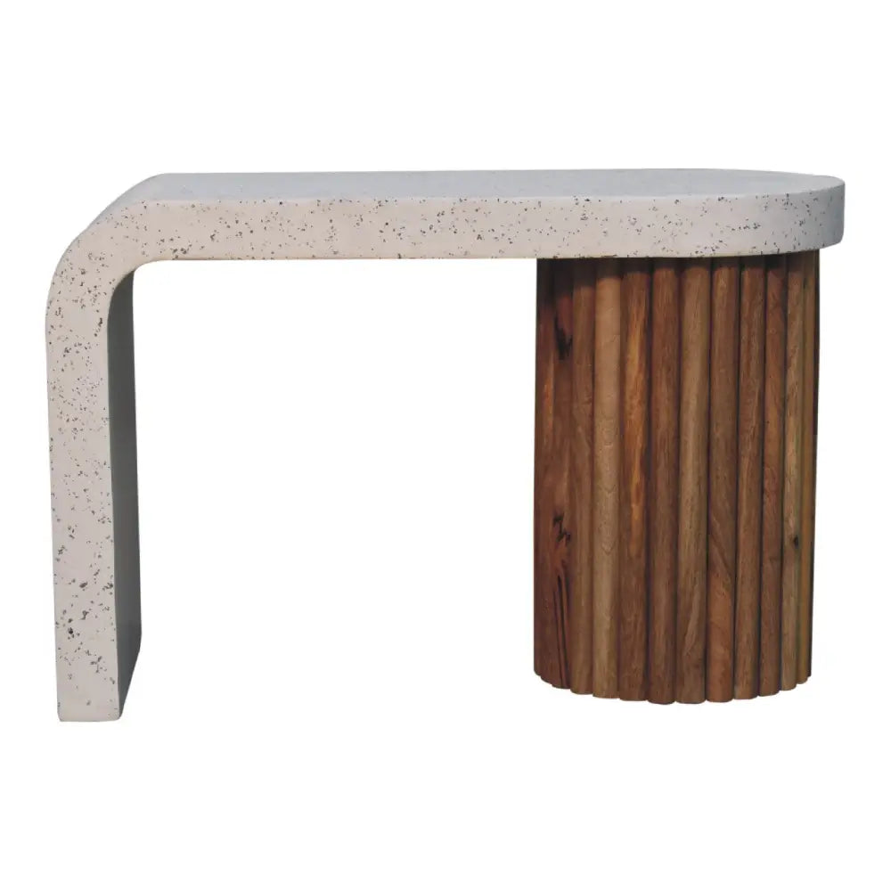 Modern serenity terrazzo coffee table with speckled white concrete top and rustic fluted wooden base coffee table