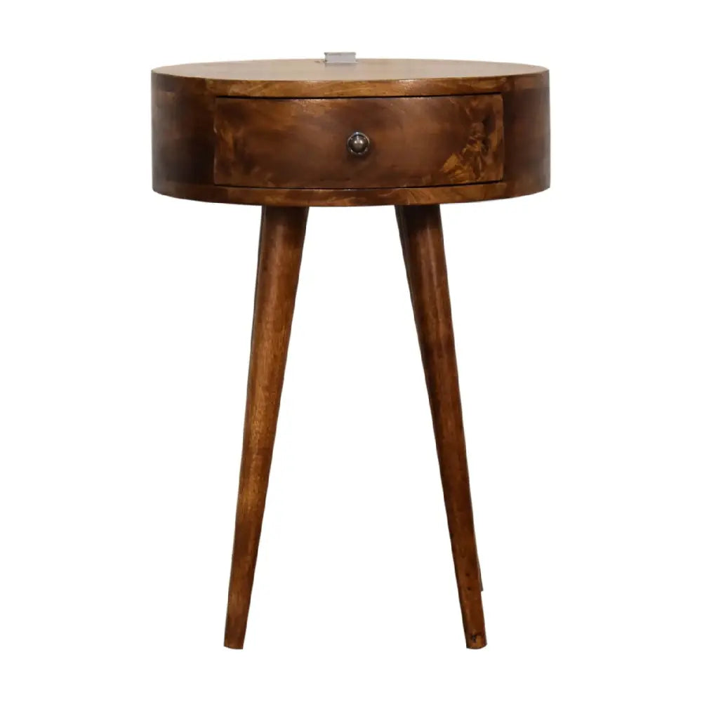 Round wooden single chestnut bedside with a single drawer and tapered legs perfect for bedroom storage