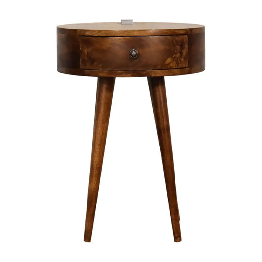 Round wooden single chestnut bedside with a single drawer and tapered legs perfect for bedroom storage