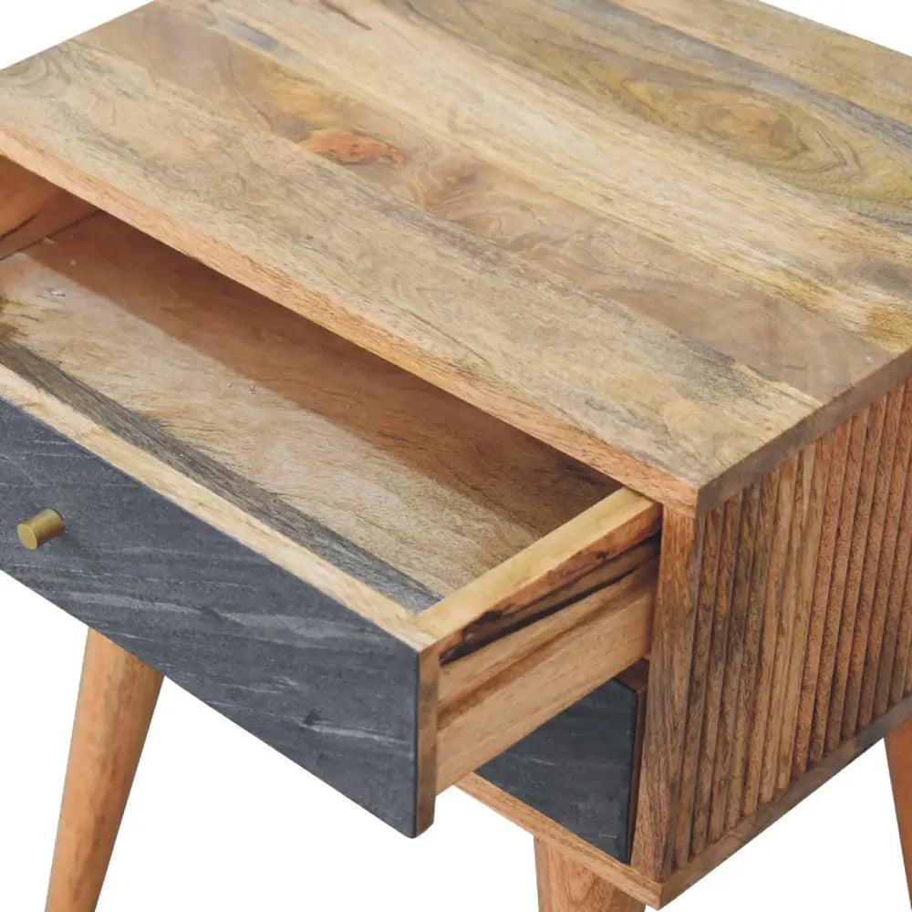 Rustic wooden slade bedside with natural wood top and dark slate drawer front, perfect luxury furniture for modern homes