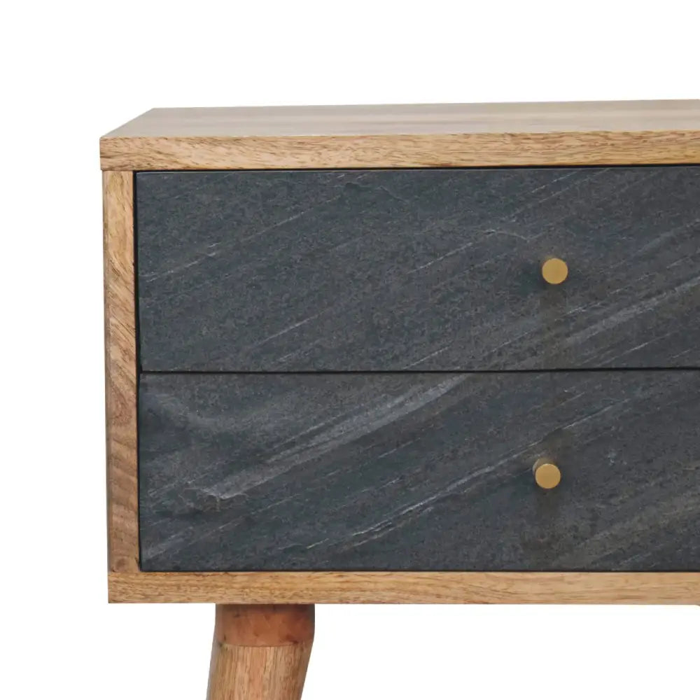 Slade bedside two-drawer side table with natural wood frame dark gray slate fronts and brass knobs luxury furniture for modern homes