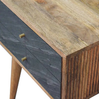Slade bedside mid-century modern side table with natural wood top dark slate drawer fronts and brass knobs for luxury furniture