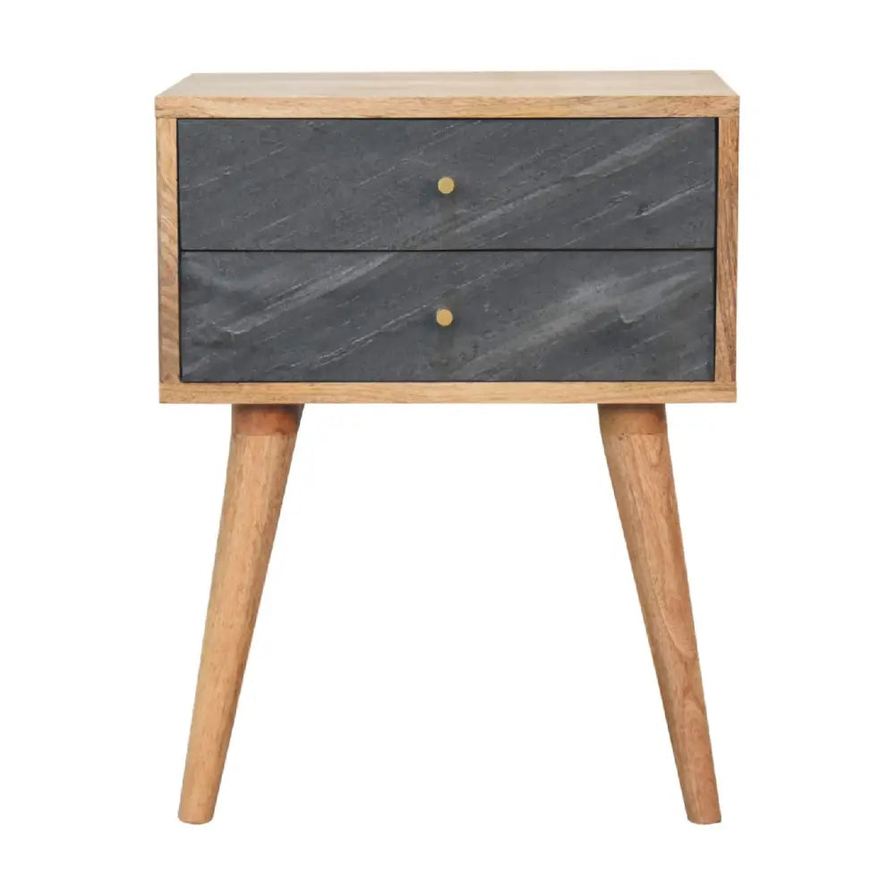 Slade bedside modern two-drawer nightstand with light wood frame and dark gray stone-like drawers with gold knobs
