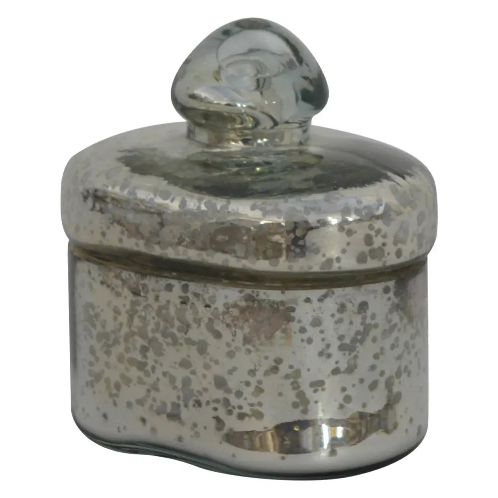 Small vintage styled glass jar with silver mercury glass and rounded speckled finish with clear bulbous lid