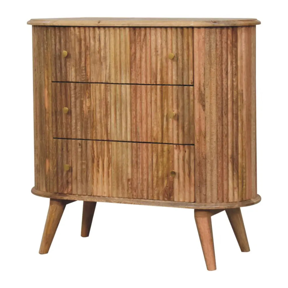 A rustic wooden soba nordic chest with vertical slats, three drawers, and tapered legs perfect for storage