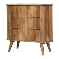 A rustic wooden soba nordic chest with vertical slats, three drawers, and tapered legs perfect for storage