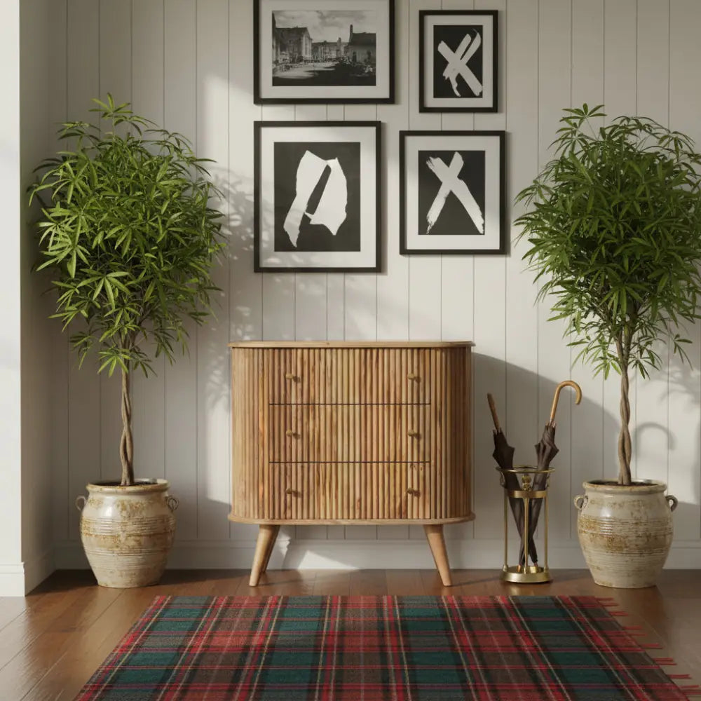 Curved wooden dresser with vertical slats and tapered legs in light wood perfect for storing clothes in soba nordic chest