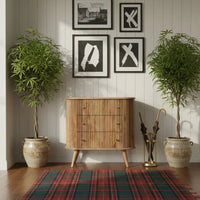Curved wooden dresser with vertical slats and tapered legs in light wood perfect for storing clothes in soba nordic chest