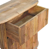 A rustic wooden soba nordic chest nightstand with curved top, vertical ribbed drawers, warm tones, and brass knobs