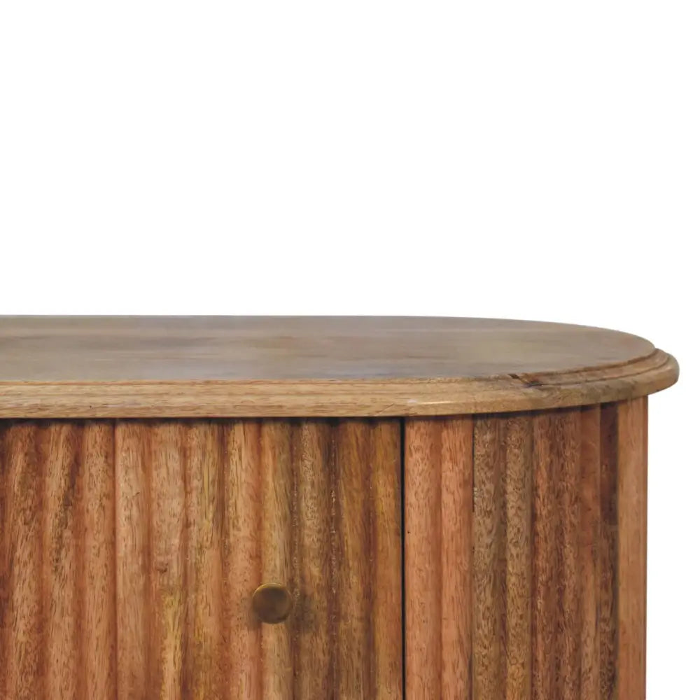 Warm-toned wooden soba nordic chest with vertical ribbed paneling and rounded top for stylish storage