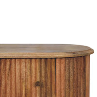 Warm-toned wooden soba nordic chest with vertical ribbed paneling and rounded top for stylish storage