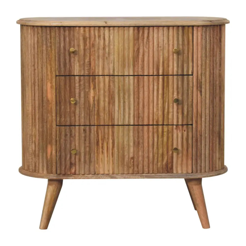 Rustic wooden soba nordic chest with vertical slats, three drawers, and tapered legs for stylish storage