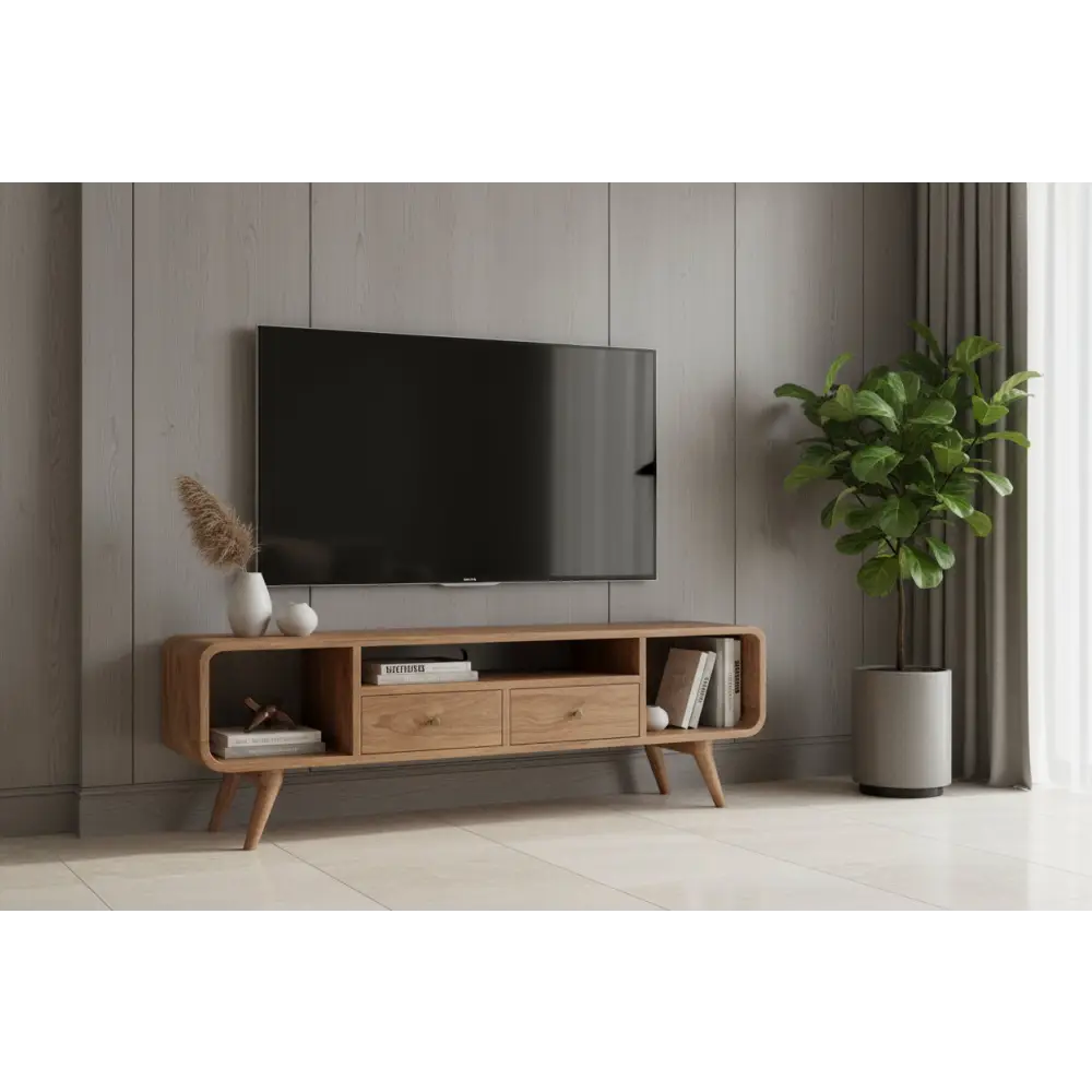 Soba Nordic multi media unit wooden side table with curved legs and vertical slats in mid-century modern style