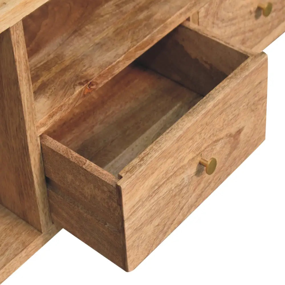 Light brown wooden drawer with brass knobs on soba nordic multi media unit for stylish media storage