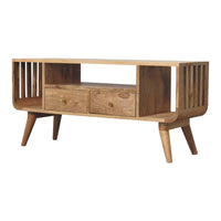 Soba nordic multi media unit wooden tv console with two drawers and slatted side panels in mid-century modern style