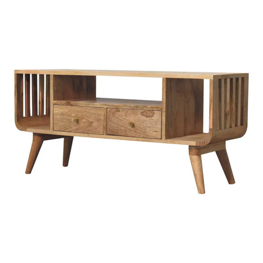 Soba nordic multi media unit wooden tv console with two drawers and slatted side panels in mid-century modern style