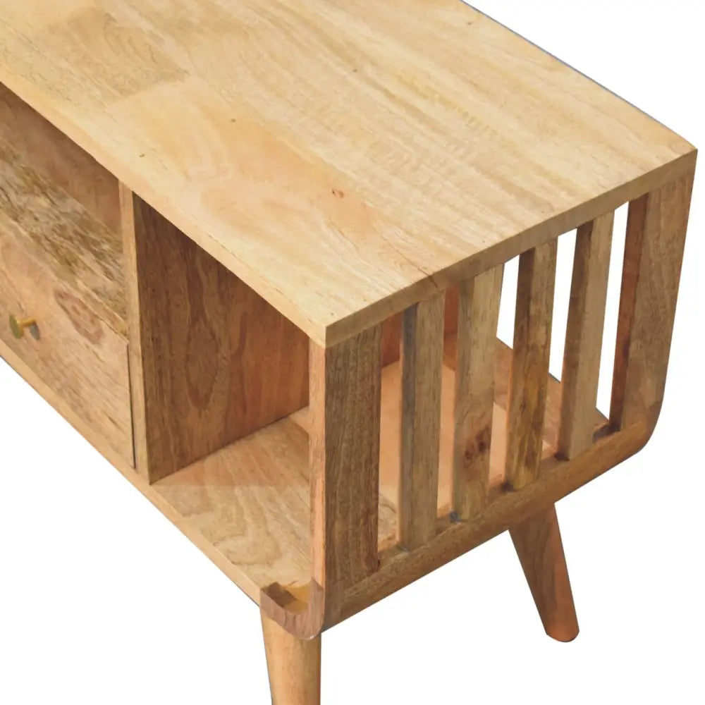 Light-colored wooden sobr nordic multi media unit with slatted side panel and tapered legs media unit design