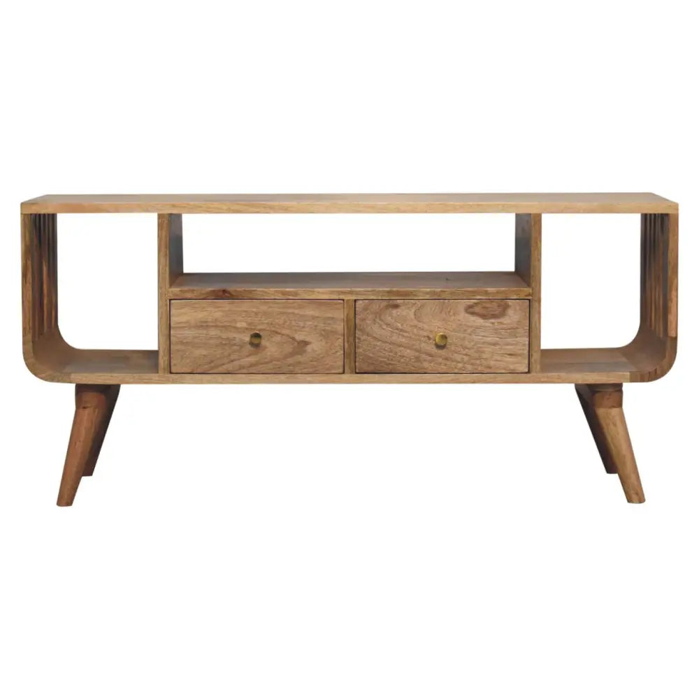 Soba nordic multi media unit mid-century modern wooden media unit with two drawers and tapered legs in natural wood