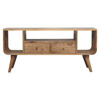 Soba nordic multi media unit mid-century modern wooden media unit with two drawers and tapered legs in natural wood