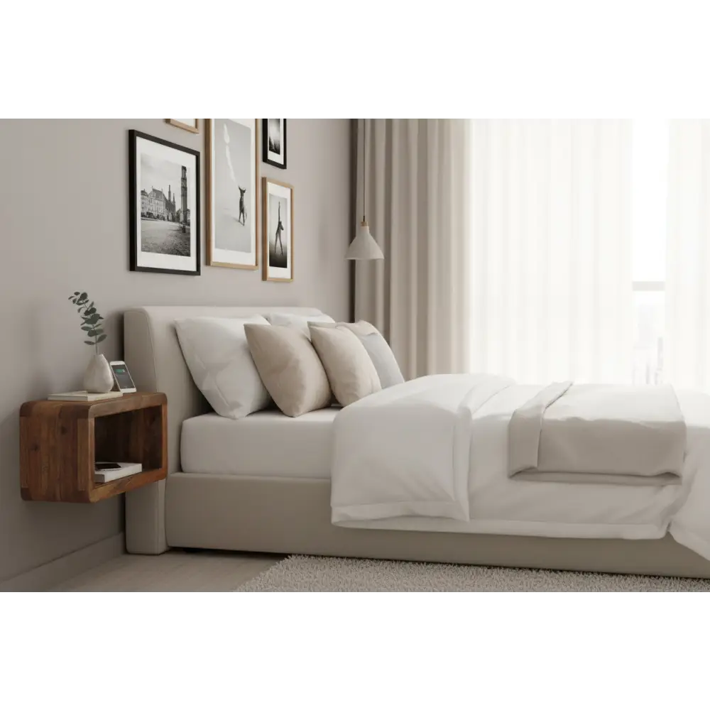 Beige upholstered bed with white bedding and pillows paired with a sleek soba wall mounted bedside unit
