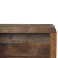 Soba wall mounted bedside rustic brown wooden shelf with smooth rounded edge and visible wood grain
