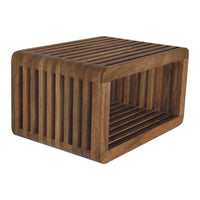A dark brown teak wood rectangular wall mounted bedside with slatted top and sides for compact bedroom use
