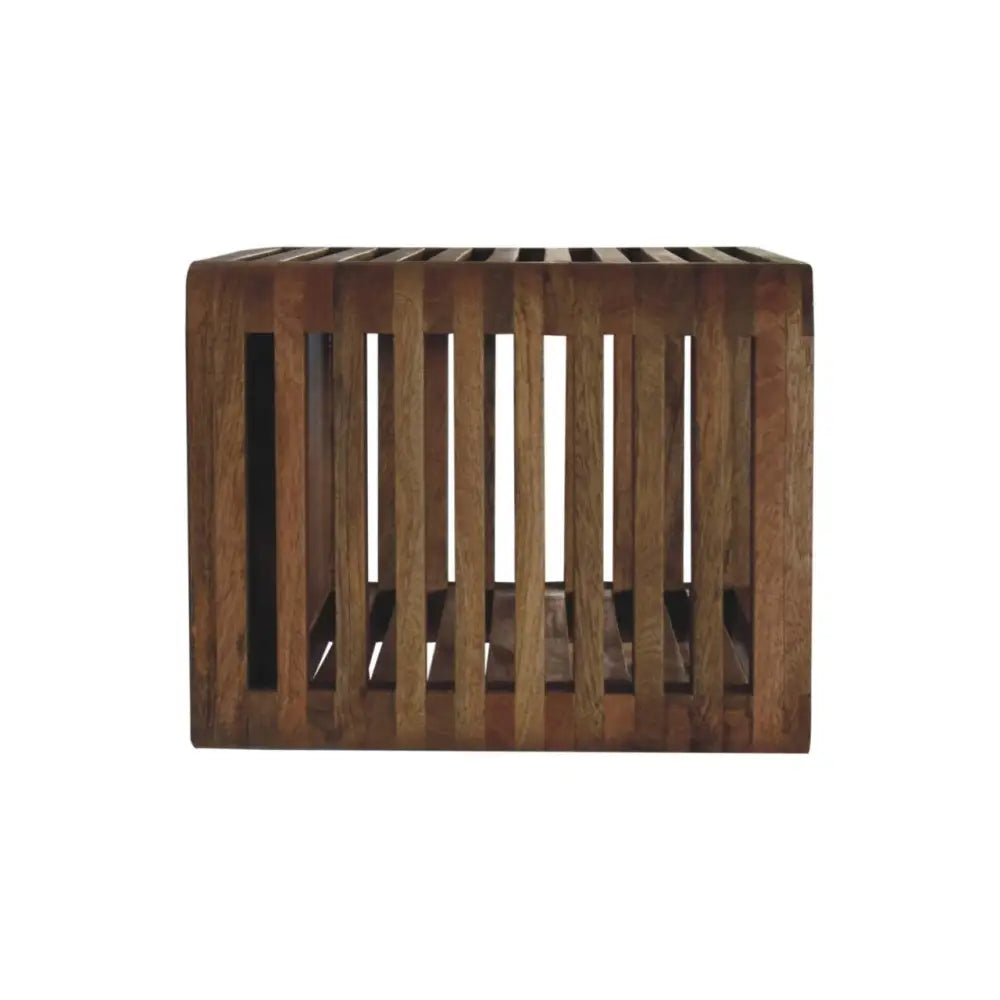 A rustic brown wooden wall mounted bedside table with vertical slats and natural wood grain finish