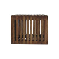 A rustic brown wooden wall mounted bedside table with vertical slats and natural wood grain finish