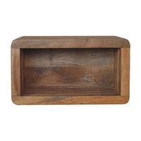 A rustic wooden bread box with warm natural finish and subtle grain patterns for a wall mounted bedside