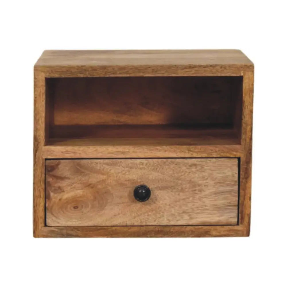 Solis 1-drawer wall-mounted nightstand in oak-ish finish with mango wood grain and a black round knob