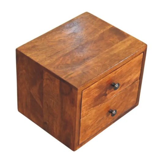 Solis 2-drawer chestnut nightstand in warm medium-brown solid mango wood with dark metal knobs and wall mount design