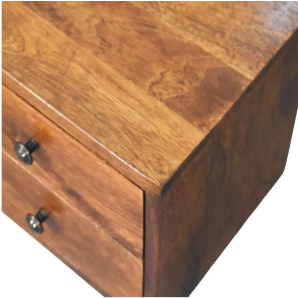 Solis 2-drawer chestnut wall mounted nightstand made of solid mango wood with rustic finish and black metal knobs