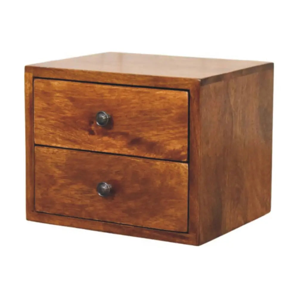 Rustic solis 2-drawer chestnut wall mounted nightstand in warm brown solid mango wood with dark metal knobs