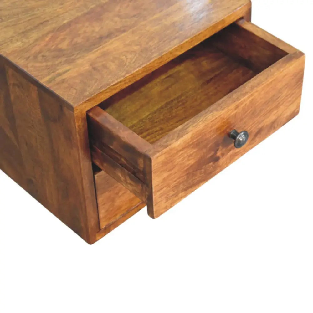 Solis 2-drawer chestnut wall mounted nightstand in solid mango wood with warm brown finish and visible grain patterns