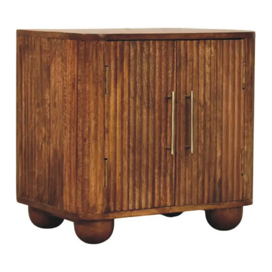 Brown wooden solis fluted mini sideboard with vertical slats and rounded ball feet perfect as a mini sideboard