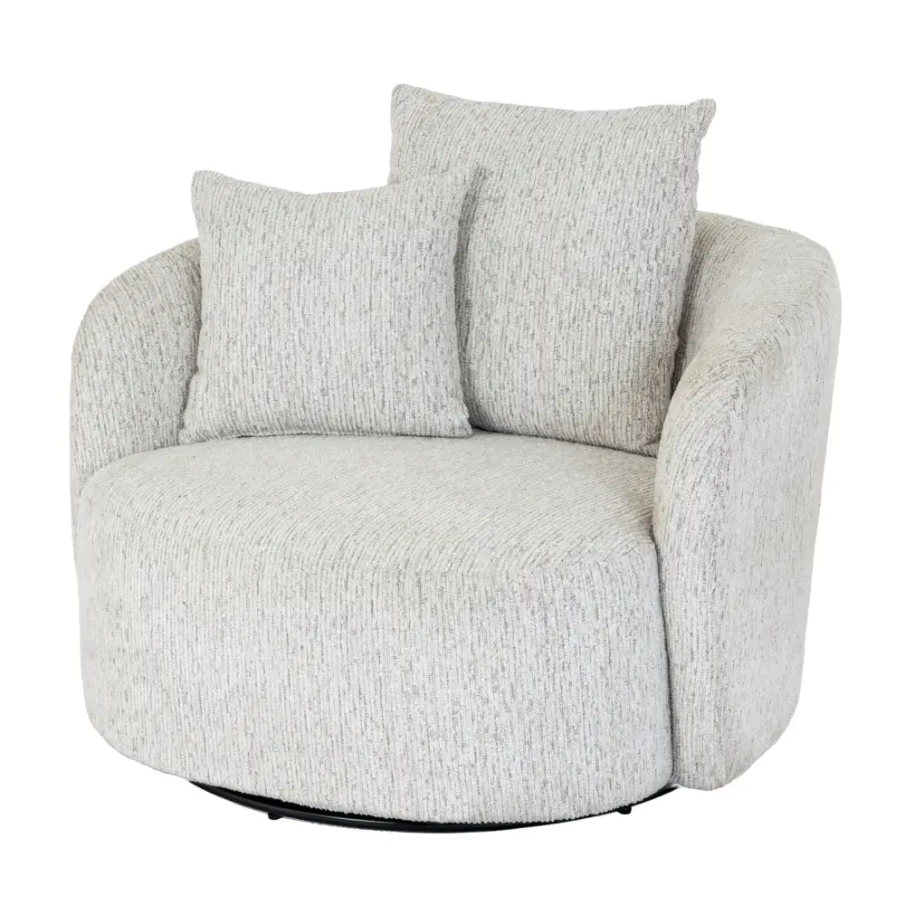 Cozy light gray textured fabric sorelle swivel chair with two matching throw pillows for comfy seating