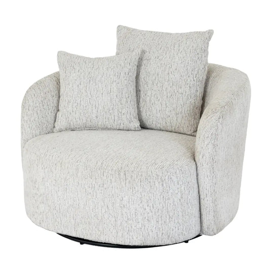 Cozy light gray textured fabric sorelle swivel chair with two matching throw pillows for comfy seating