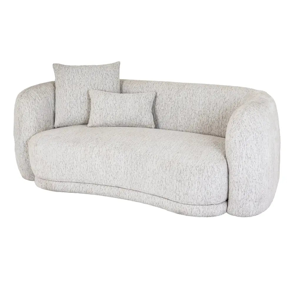 Curved gray textured fabric sorelle two seater sofa with two matching throw pillows for cozy seating
