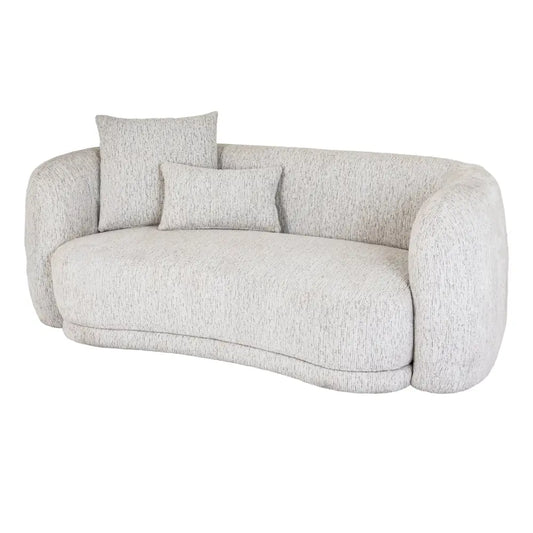 Curved gray textured fabric sorelle two seater sofa with two matching throw pillows for cozy seating