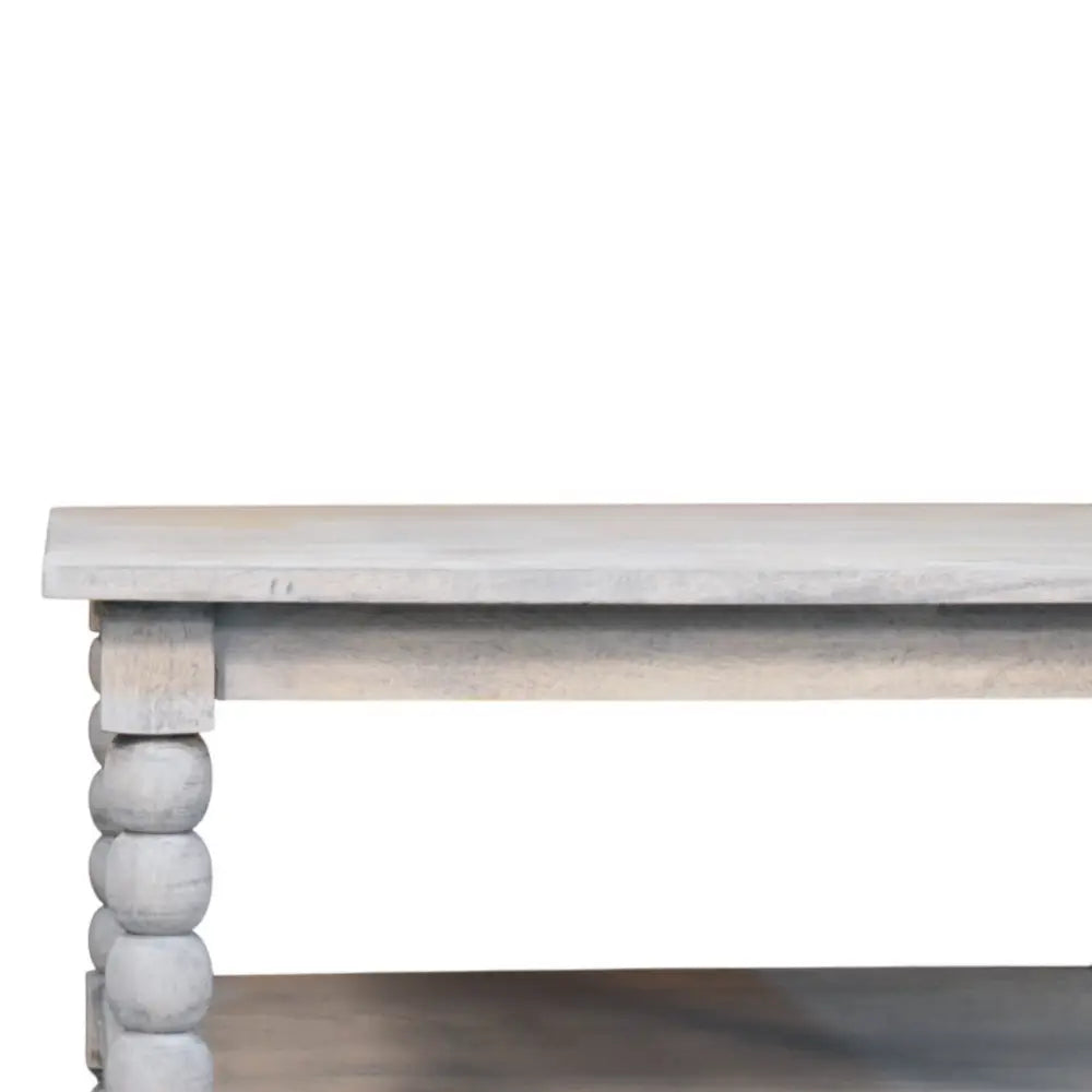 Rustic gray spindle acid wash coffee table with distressed finish and turned bead legs made of wood