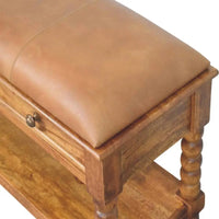 Tan leather spindle leather bench with solid mango wood turned legs and drawer for stylish storage seating