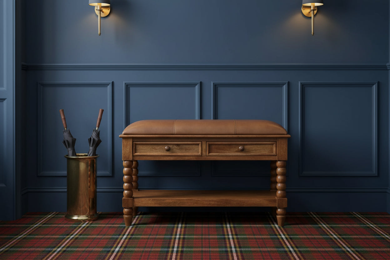 Spindle leather bench with brown leather cushion, two drawers, turned legs made from solid mango wood