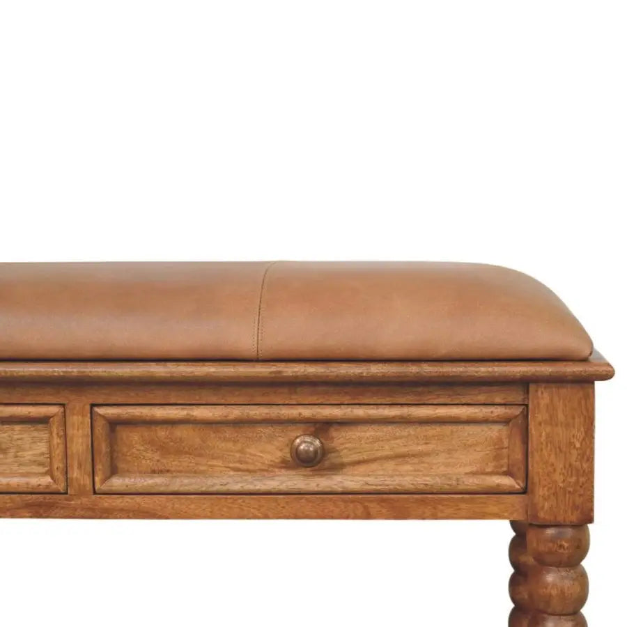 Brown spindle leather bench with solid mango wood frame, leather top, two drawers, and turned legs