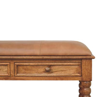 Brown spindle leather bench with solid mango wood frame, leather top, two drawers, and turned legs