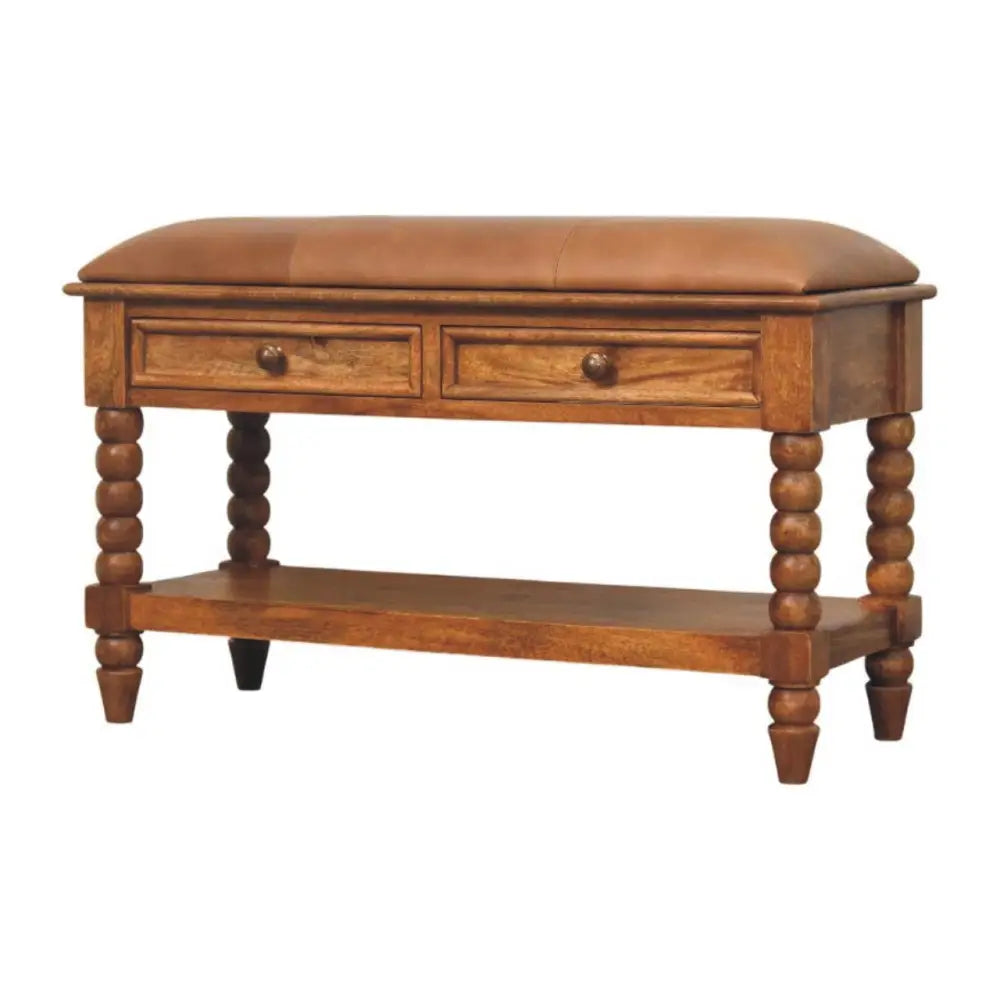 Brown leather spindle leather bench with two drawers made of solid mango wood and turned spool legs