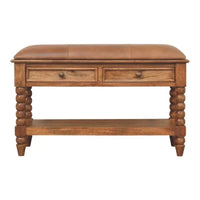 Brown leather-topped spindle leather bench console table with two drawers and turned legs made of solid mango wood